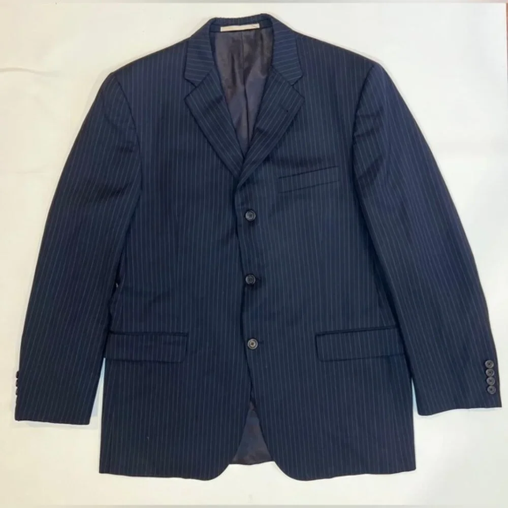 BURBERRY LONDON 100% WOOL Navy Blue Striped Suit Blazer MDL LBS41‎ Size 42 REG